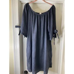 Noeline Made in Italy 100% Linen Off Shoulder Navy Midi Peasant Dress L/XL